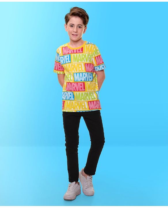 Pine Kids Marvel Cotton Knit Half Sleeves T-Shirt With Marvel Print - Yellow