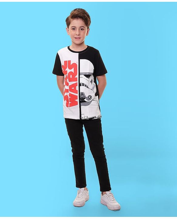 Pine Kids Lucas Cotton Knit Half Sleeves T-Shirt With Star Wars Print - Black