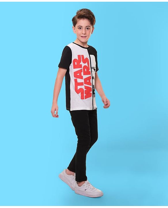 Pine Kids Lucas Cotton Knit Half Sleeves T-Shirt With Star Wars Print - Black