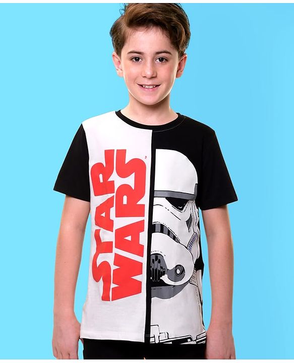 Pine Kids Lucas Cotton Knit Half Sleeves T-Shirt With Star Wars Print - Black