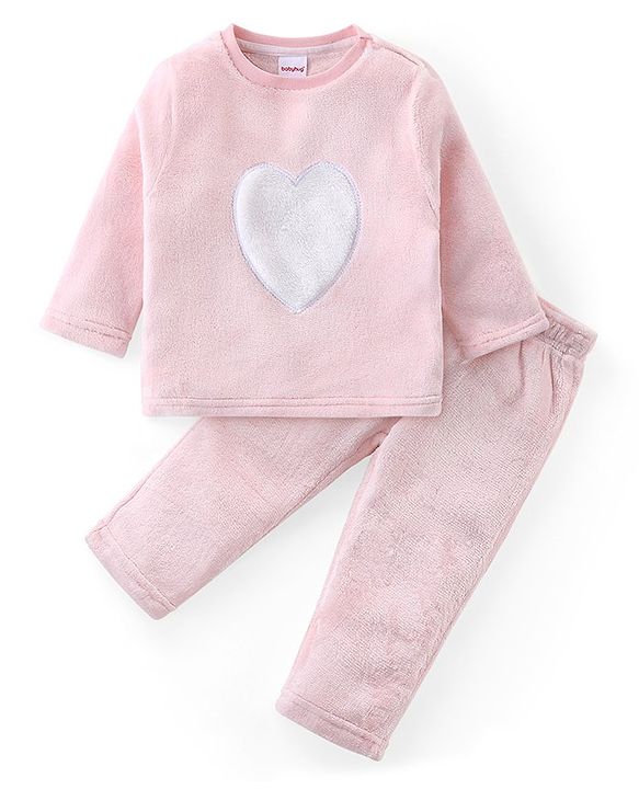 Babyhug Fur Woven Full Sleeves Winter Wear Suit With Heart Design - Pink