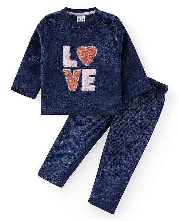 Babyhug Fur Woven Full Sleeves Winter Wear Suit With Text Print - Navy
