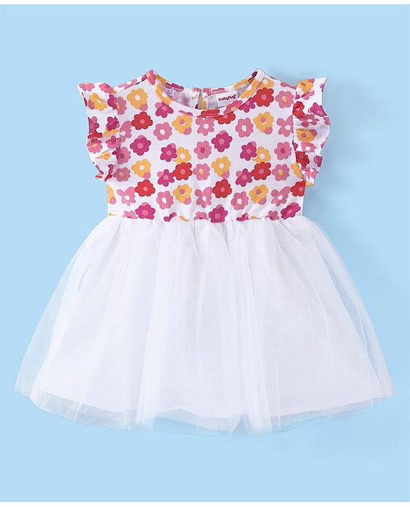 Babyhug Cotton Knit Frill Sleeves Frock with Floral Print - Pink & White