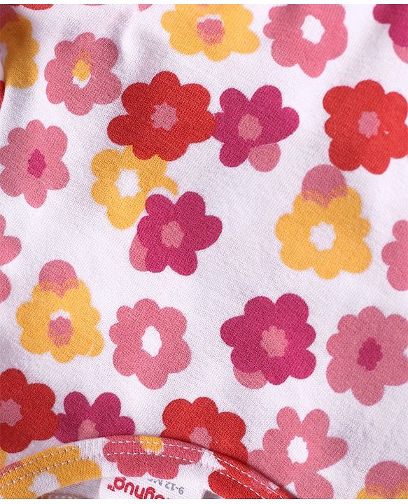 Babyhug Cotton Knit Frill Sleeves Frock with Floral Print - Pink & White