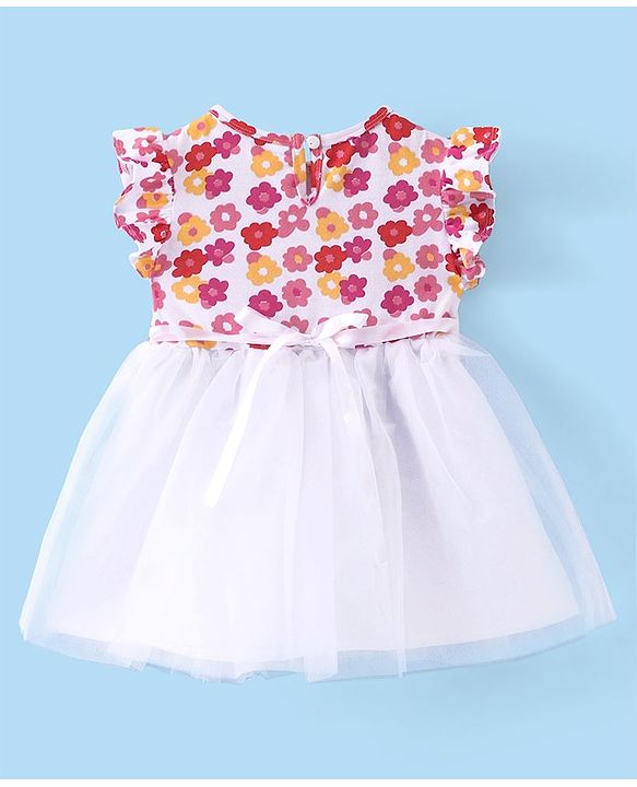 Babyhug Cotton Knit Frill Sleeves Frock with Floral Print - Pink & White
