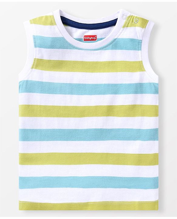 Babyhug Cotton Knit Half Sleeves T-Shirt & Shorts Set With Striped Sleeveless Tee & Beach Theme Print - Blue