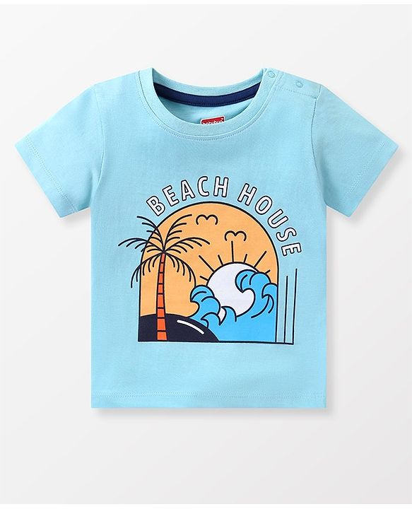Babyhug Cotton Knit Half Sleeves T-Shirt & Shorts Set With Striped Sleeveless Tee & Beach Theme Print - Blue