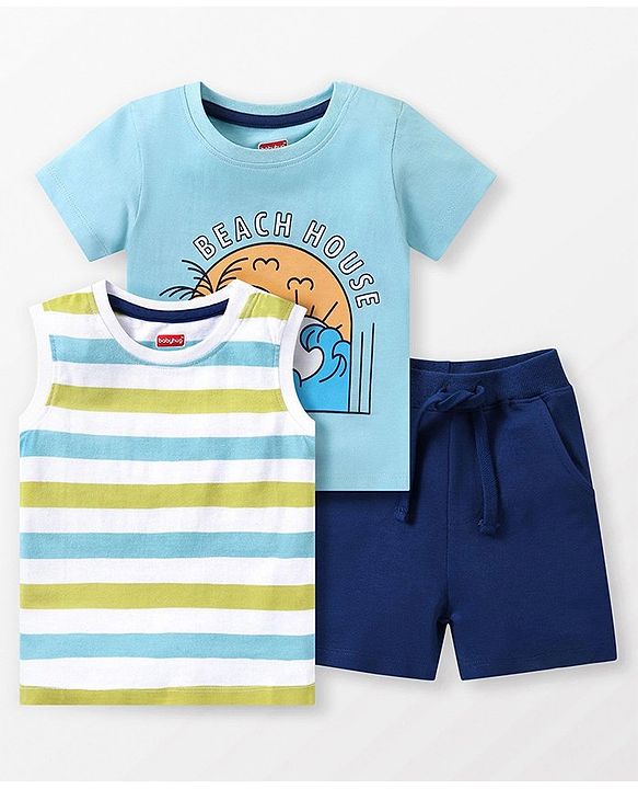 Babyhug Cotton Knit Half Sleeves T-Shirt & Shorts Set With Striped Sleeveless Tee & Beach Theme Print - Blue