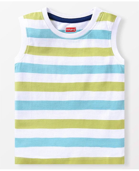 Babyhug Cotton Knit Half Sleeves T-Shirt & Shorts Set With Striped Sleeveless Tee & Beach Theme Print - Blue