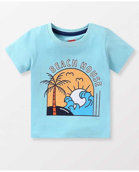 Babyhug Cotton Knit Half Sleeves T-Shirt & Shorts Set With Striped Sleeveless Tee & Beach Theme Print - Blue