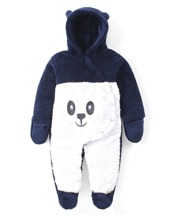 Babyhug Sweater Knit Full Sleeves Hooded Winter Romper with Panda Applique - Navy Blue