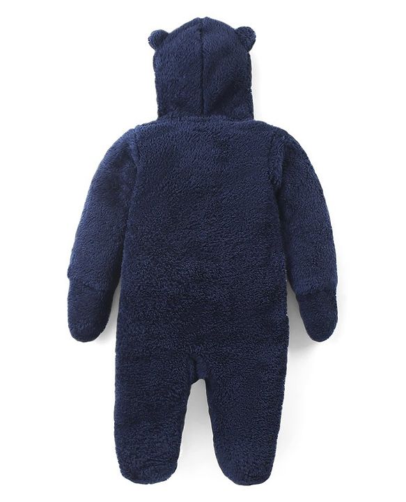 Babyhug Sweater Knit Full Sleeves Hooded Winter Romper with Panda Applique - Navy Blue