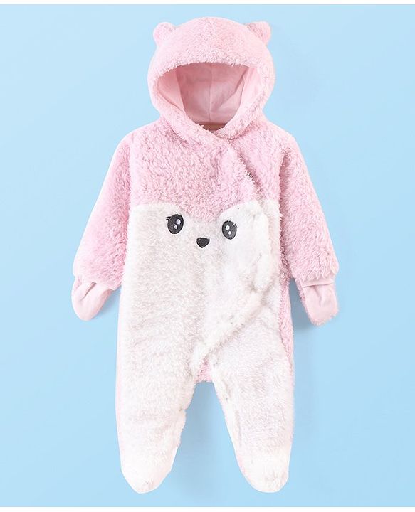 Babyhug Fur Woven Full Sleeves Winter Wear Footed Romper - Pink