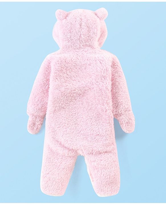 Babyhug Fur Woven Full Sleeves Winter Wear Footed Romper - Pink