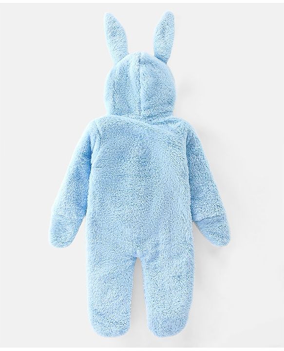 Babyhug Woven Winter Wear Full Sleeves Footed & Hooded Romper with Bunny Design - Blue