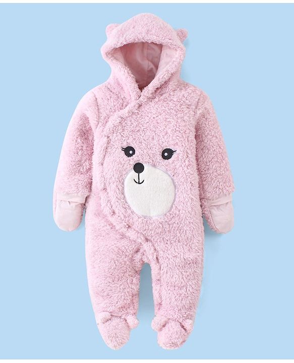 Babyhug Fur Woven Full Sleeves Winter Wear Footed Hooded  Romper with Bear Embroidery - Pink