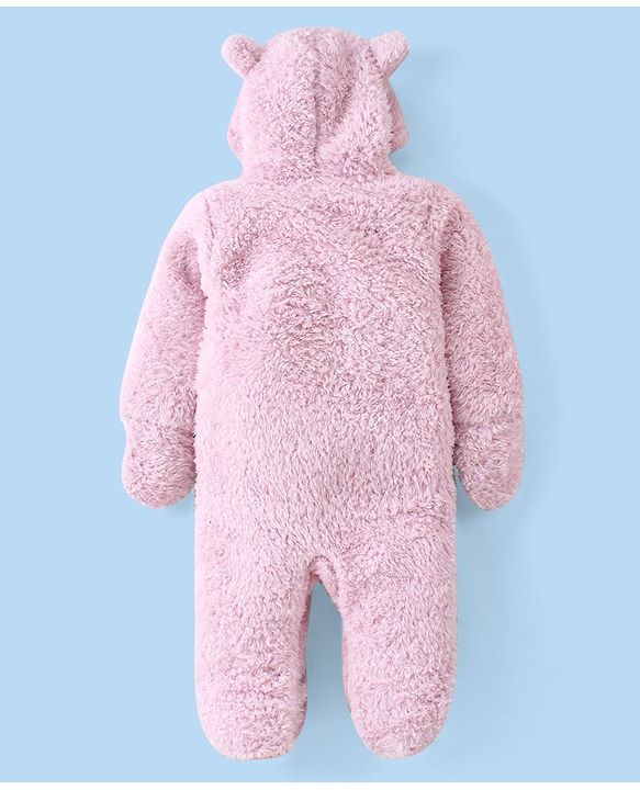 Babyhug Fur Woven Full Sleeves Winter Wear Footed Hooded  Romper with Bear Embroidery - Pink