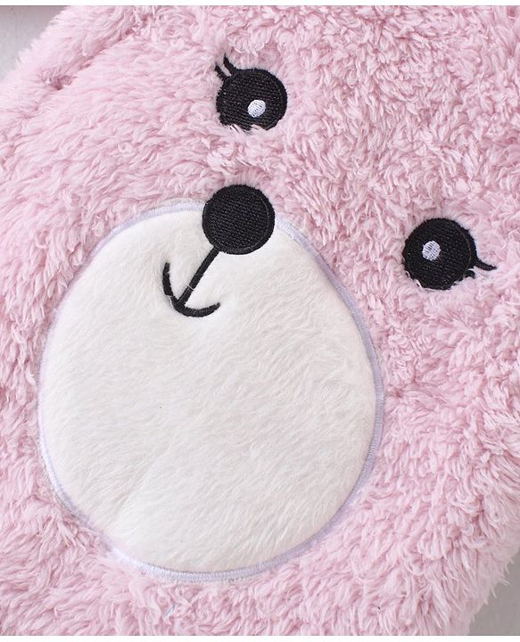 Babyhug Fur Woven Full Sleeves Winter Wear Footed Hooded  Romper with Bear Embroidery - Pink