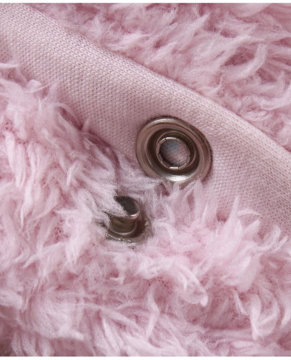 Babyhug Fur Woven Full Sleeves Winter Wear Footed Hooded  Romper with Bear Embroidery - Pink