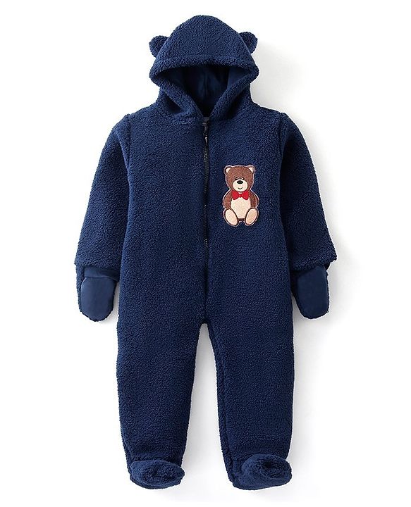 Babyhug Sweater Knit Winter Wear Footed Romper with Teddy Embroidery - Navy