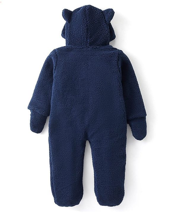 Babyhug Sweater Knit Winter Wear Footed Romper with Teddy Embroidery - Navy