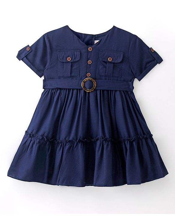 Babyhug Rayon Knit Half Sleeves Frock With Front Pockets - Navy