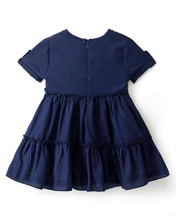 Babyhug Rayon Knit Half Sleeves Frock With Front Pockets - Navy