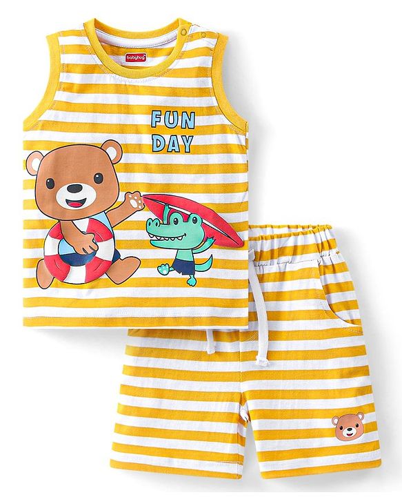 Babyhug Single Jersey Knit Sleeveless Striped T-Shirt & Shorts Set with Teddy Print - Yellow