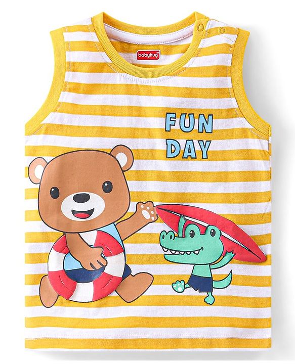Babyhug Single Jersey Knit Sleeveless Striped T-Shirt & Shorts Set with Teddy Print - Yellow