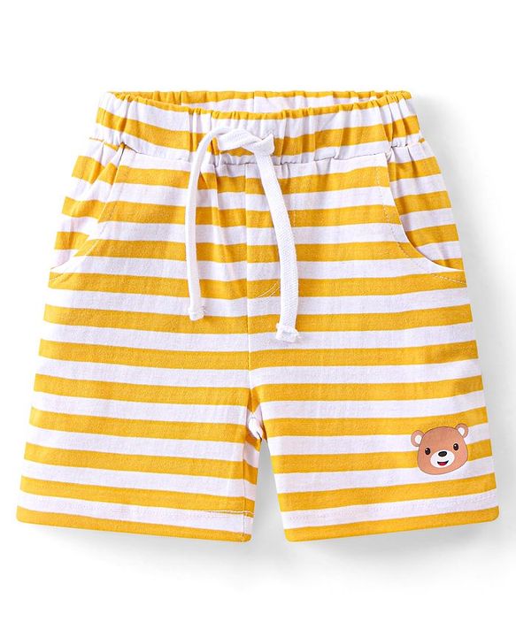 Babyhug Single Jersey Knit Sleeveless Striped T-Shirt & Shorts Set with Teddy Print - Yellow