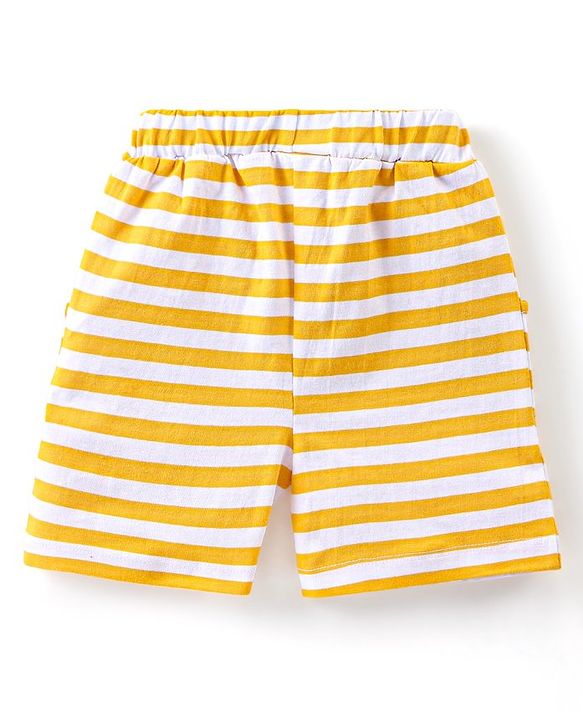 Babyhug Single Jersey Knit Sleeveless Striped T-Shirt & Shorts Set with Teddy Print - Yellow
