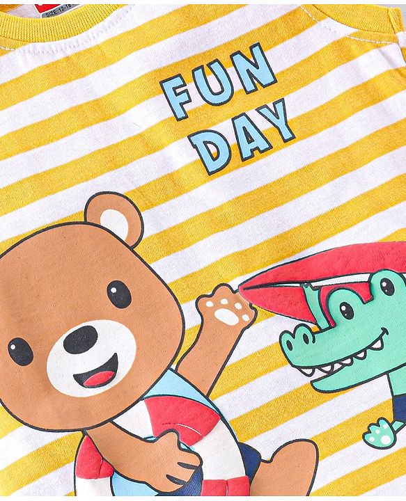 Babyhug Single Jersey Knit Sleeveless Striped T-Shirt & Shorts Set with Teddy Print - Yellow