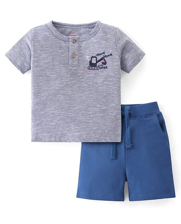Babyhug Cotton Knit Half Sleeves Henley T-Shirt & Shorts Set With Excavator Embroidery - Blue