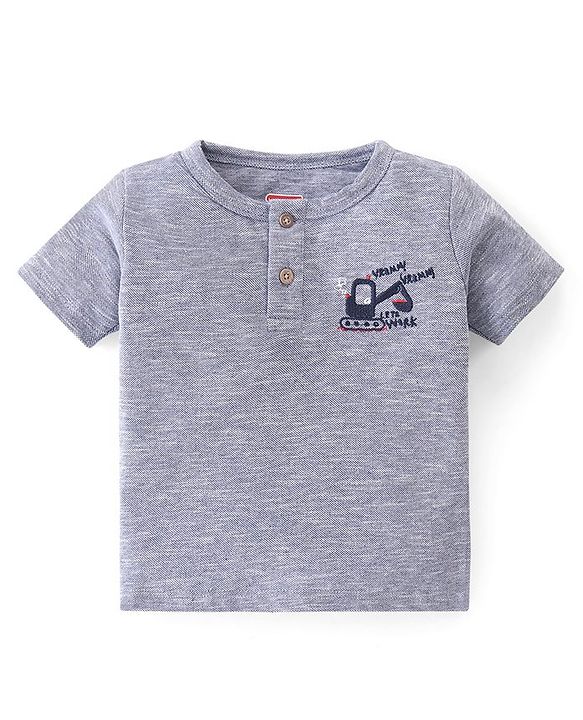 Babyhug Cotton Knit Half Sleeves Henley T-Shirt & Shorts Set With Excavator Embroidery - Blue