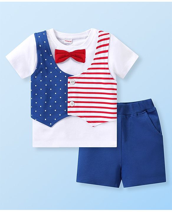 Babyhug Single Jersey Knit Half Sleeves T-Shirt with Bow Detailing & Attached Waist Coat with Shorts Set Striped & Star Print - Multicolour