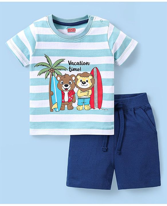 Babyhug Single Jersey Knit Half Sleeves with Striped & Animal Print - Blue