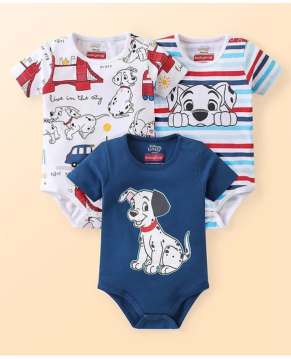 Babyhug Disney Cotton Knit Half Sleeves 101 Dalmatians Graphics Onesies Pack of 3 - Blue White & Red