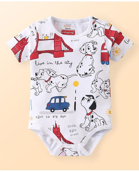 Babyhug Disney Cotton Knit Half Sleeves 101 Dalmatians Graphics Onesies Pack of 3 - Blue White & Red