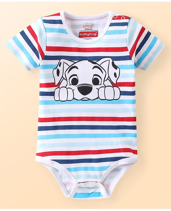 Babyhug Disney Cotton Knit Half Sleeves 101 Dalmatians Graphics Onesies Pack of 3 - Blue White & Red