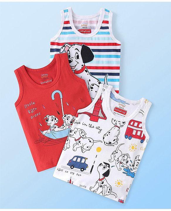 Babyhug Disney Cotton Knit Sleeveless Sando Vest with 101 Dalmatians Print Pack of 3 - Multicolour