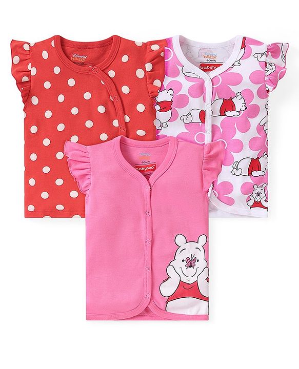Babyhug Disney Cotton Frill Sleeves Jhablas Winnie The Pooh Print Pack of 3 - Pink & Red