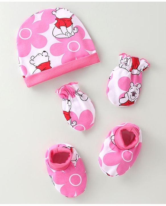 Babyhug Disney Cap Mitten & Booties With Winnie the Pooh Graphics - White