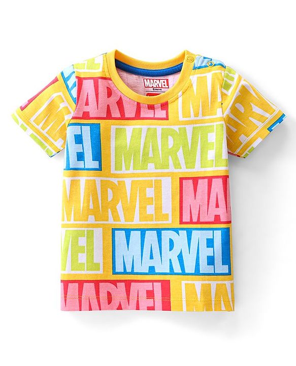 Babyhug Marvel 100% Cotton Knit Half Sleeves T-Shirt with Marvel Text Print - Yellow