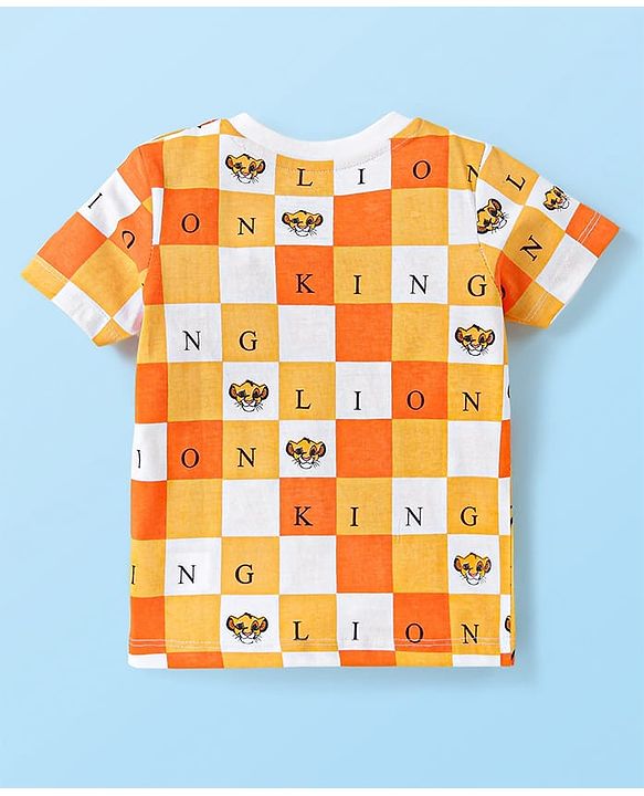 Babyhug Disney Cotton Knit Half Sleeves Checked T-Shirt with Lion King Graphics - White & Yellow