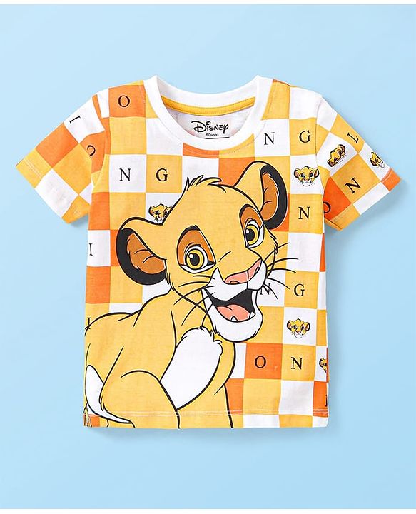 Babyhug Disney Cotton Knit Half Sleeves Checked T-Shirt with Lion King Graphics - White & Yellow