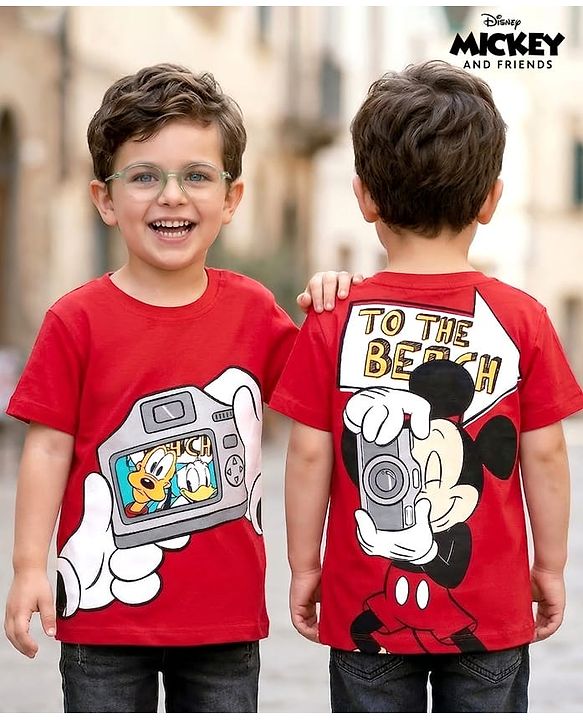 Babyhug Disney Cotton Half Sleeves T-Shirt With Front and Back Mickey Mouse Graphics - Red