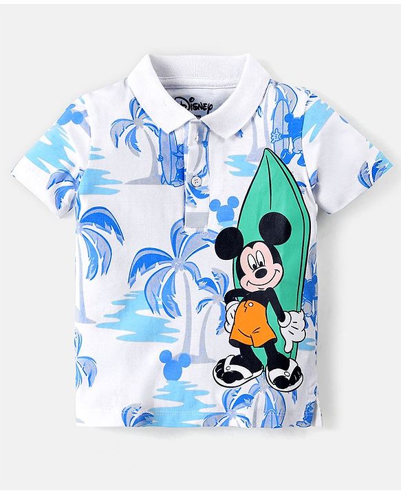 Babyhug Disney Cotton Knit Half Sleeves Polo T-Shirt with Mickey Mouse Graphics - White