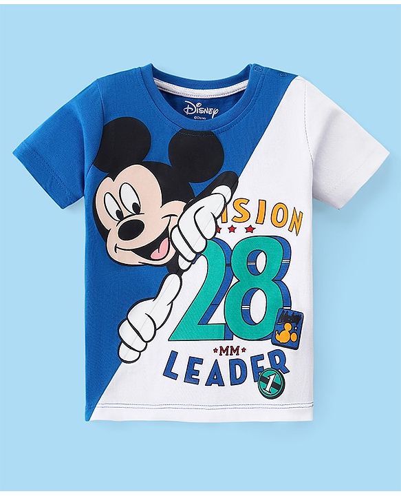Babyhug Disney Cotton Knit Half Sleeves T-Shirt With Colour Block Design & Mickey Mouse Graphics - White