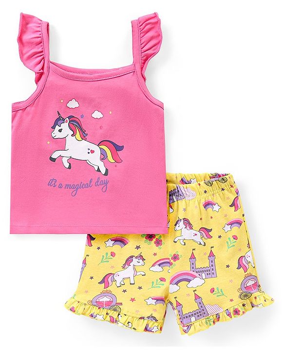 Babyhug Cotton Knit Frill Sleeves Unicorn Printed Night Suit - Pink & Yellow