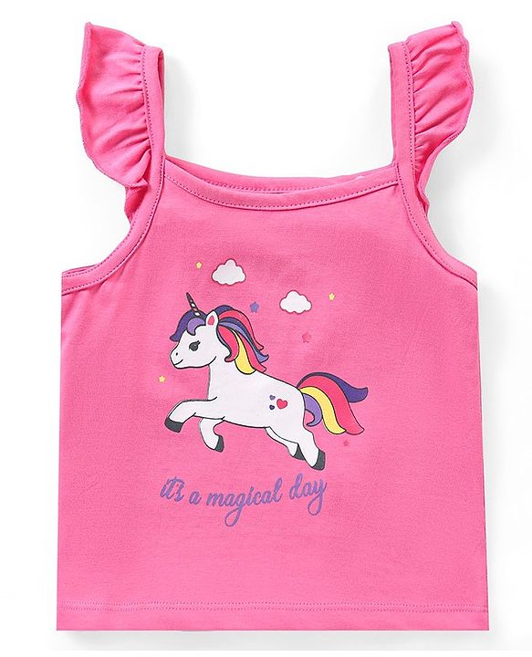Babyhug Cotton Knit Frill Sleeves Unicorn Printed Night Suit - Pink & Yellow
